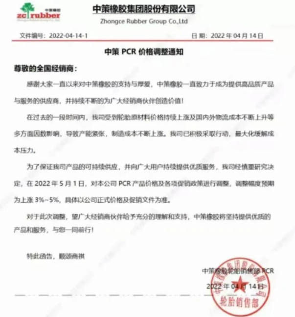 　中策橡膠決定從2022年5月1日起，對(duì)本公司PCR產(chǎn)品價(jià)格及各項(xiàng)促銷政策進(jìn)行調(diào)整，調(diào)整幅度預(yù)期為上漲3%-5%。